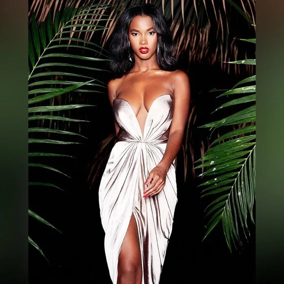 House Of CB 'Sigourney' Mink Satin Draped Front Maxi Dress NWOT - Picture 4 of 15